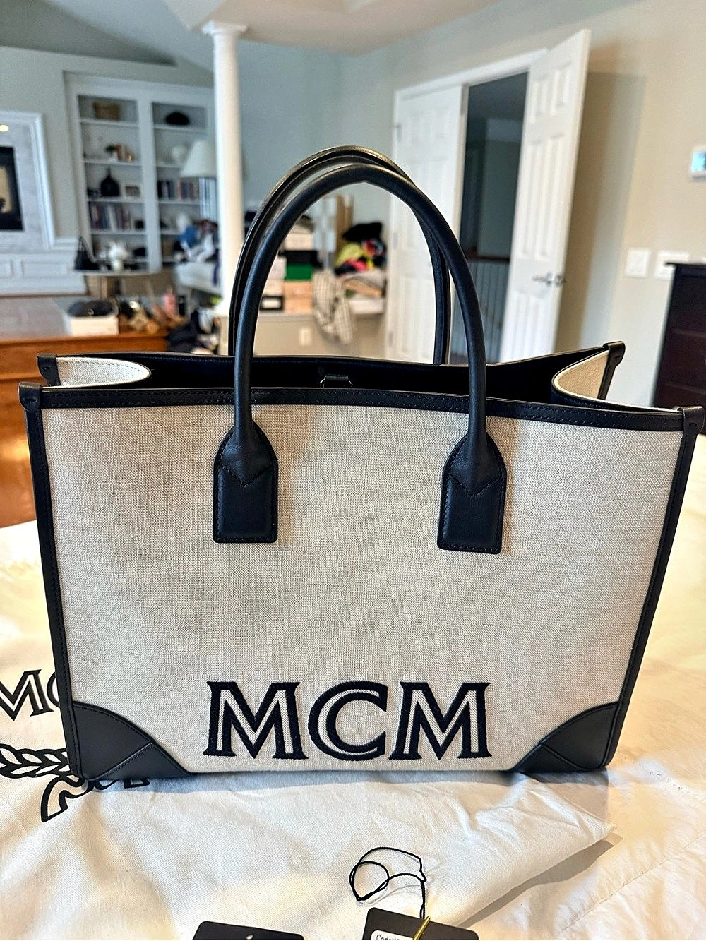 MCM Canvas Tote in Beige & Black NWT